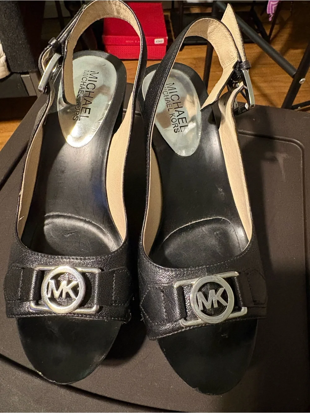 MICHAEL Michael Kors Black Leather Studded Wedge Sandals with Silver MK Logo